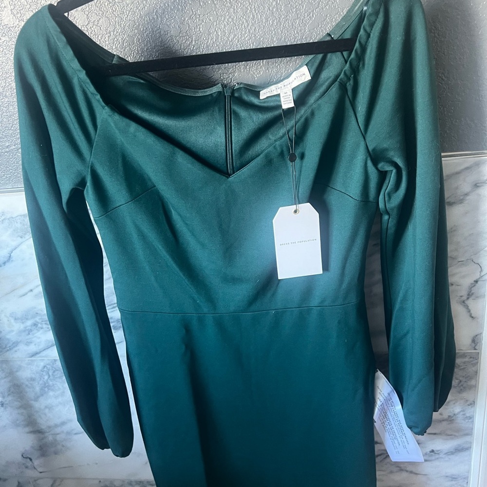 Dress the Population Esperanza Dress Long Sleeve Minidress Emerald Green NWT Med